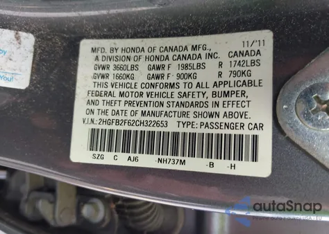 2012 Honda Civic Hf z USA, uszkodzony, nr VIN 2HGFB2F62CH322653